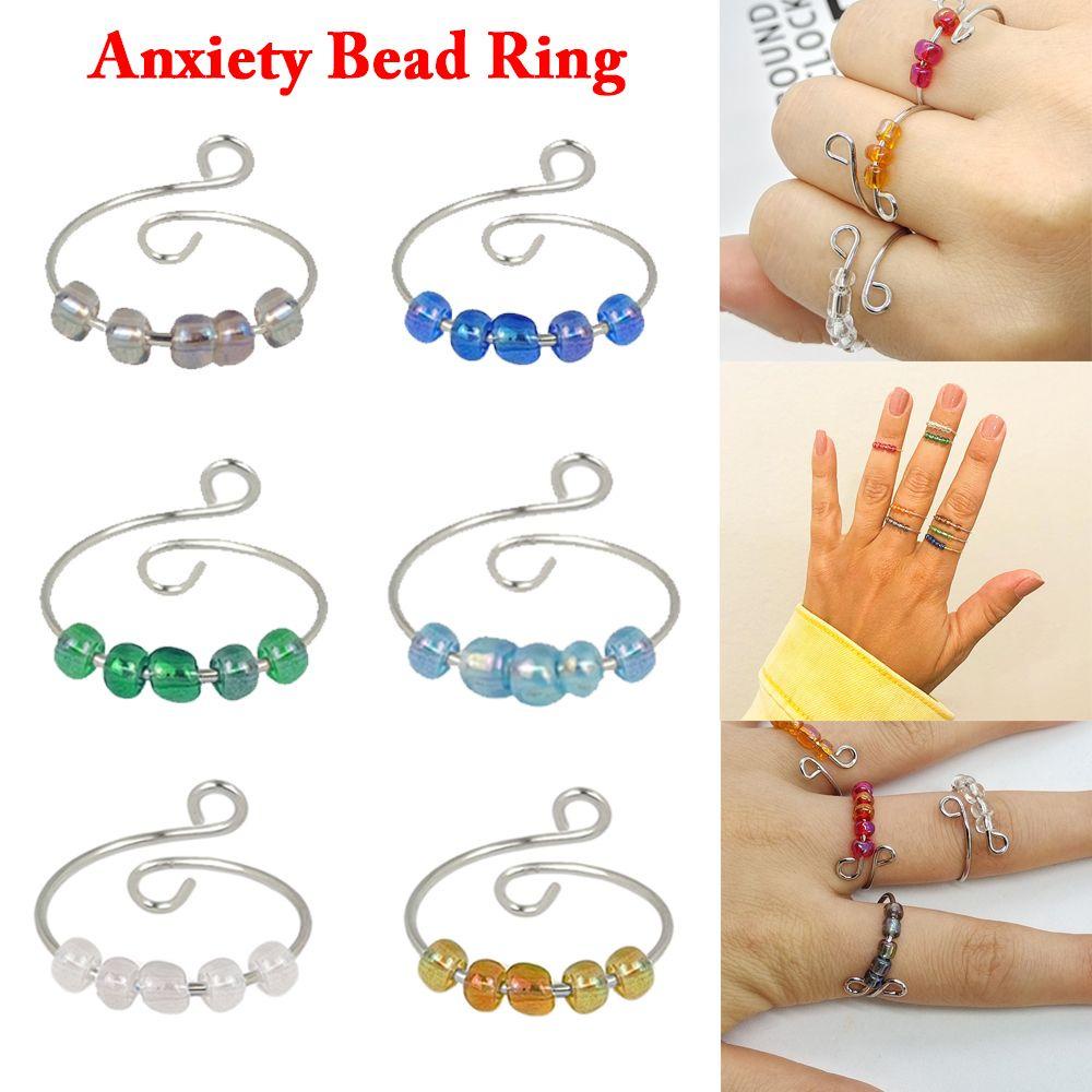 ME Fashion Anxiety Ring Girl Women Beaded Jewelry Fidget Beads Rings Accessories Single Coil Adjustable Anti Stress Creativity Rotate Freely/Multicolor
