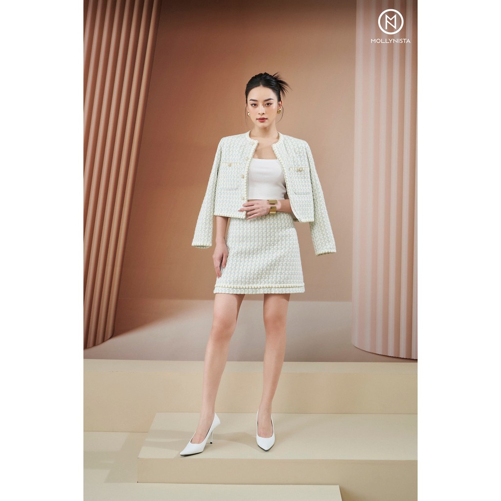 MOLLYNISTA - Áo khoác tweed Cindy xanh | BigBuy360 - bigbuy360.vn