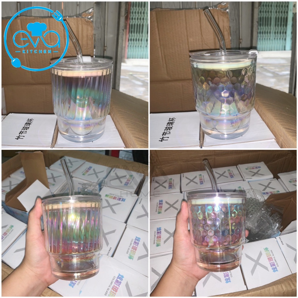 Ly Thuỷ Tinh Hot Trend Màu Cầu Vòng Óng Ánh 400ML Có Nắp Đậy Và Ống Hút Sang Trọng Phong Cách Hàn Quốc M650