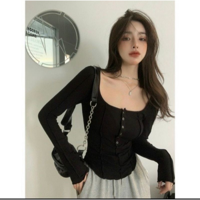 Áo kiểu tay dài vạt bầu nút bấm alohashop91