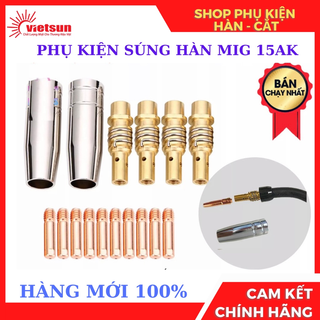 phụ kiện súng hàn mig 15ak, chụp khí, béc hàn, đầu nối béc