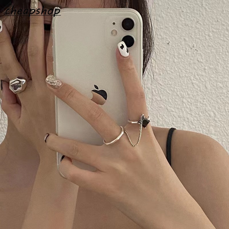 iF YOU Set 2 Nhẫn Bạc Hình Trái Tim Màu Đen Phong Cách Hàn Quốc