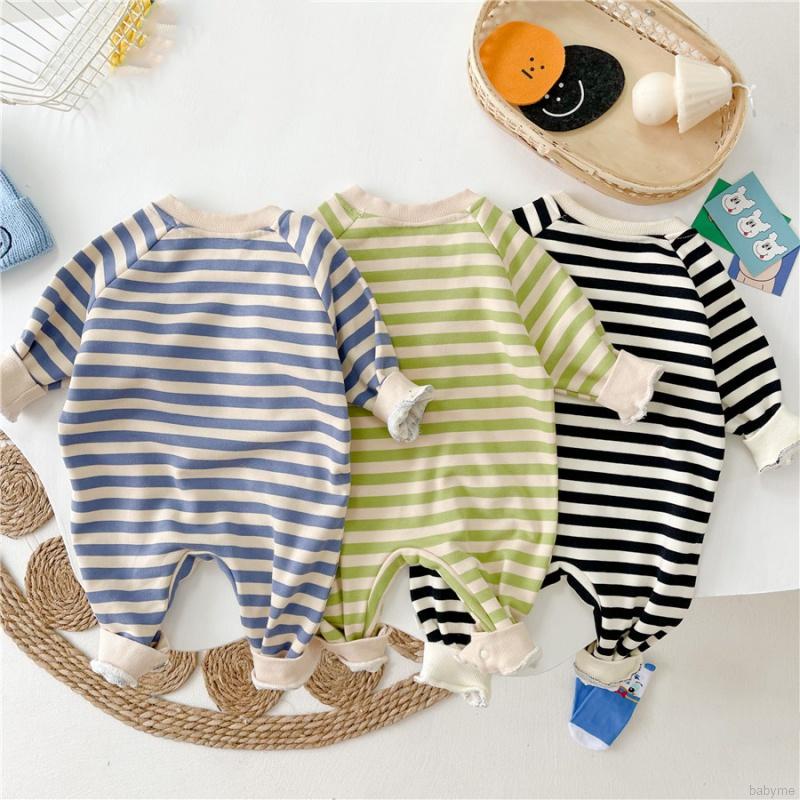 Áo liền quần cổ tròn kẻ sọc in hoạt hình vui nhộn dành cho bé sơ sinh