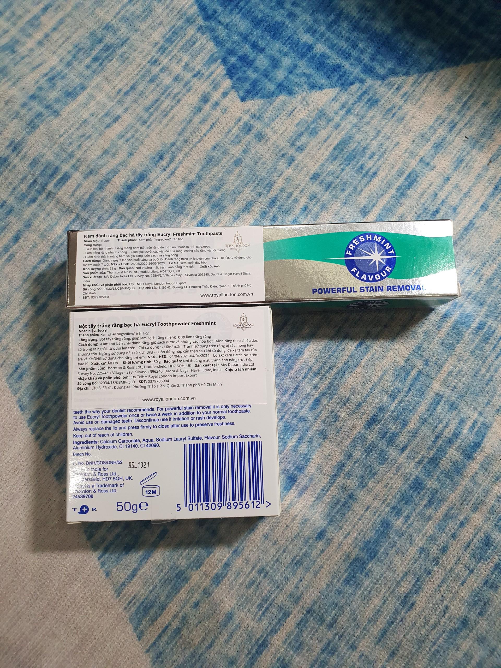 Combo 2 Món Kem và Bột Trắng Răng Eucryl Tooth Paste Freshmint Hương Bạc Hà - Anh [ Combo Trắng Răng ]