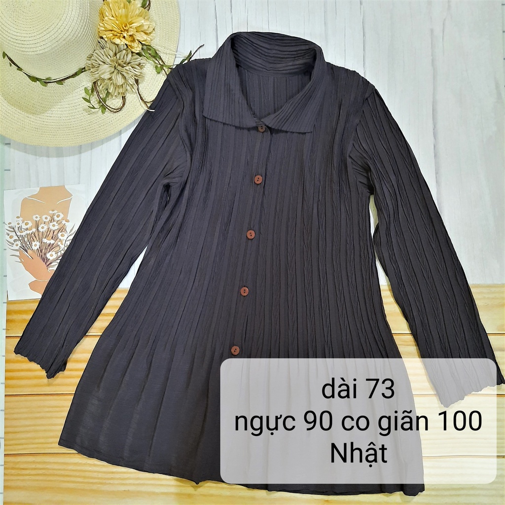 Áo sơ mi vintage Nhật vải nhún - Thanh lý cá nhân áo sơ mi nâu xếp ly - Pass áo sơ mi vintage dáng dài - Nâu4-A