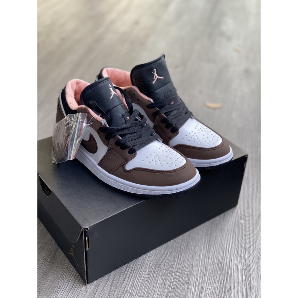 Giày Jordan 1 Low Brown Nâu Trắng Cổ Hồng Cao Cấp Fullbox, Giày thể thao jordan 1 cổ thấp nâu hồng, da nhăn, cực êm chân