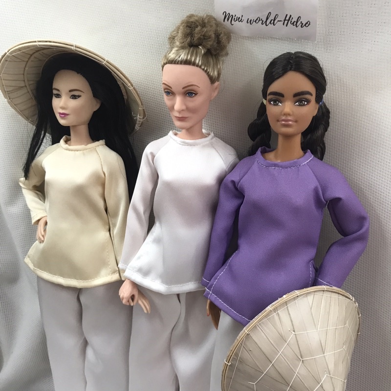 Mô hình set quần Áo bà ba truyền thống Việt Nam nón lá mini cho búp bê Barbie