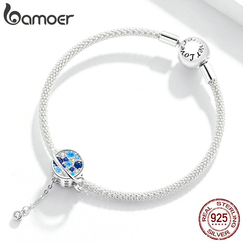 Hạt Charm Bamoer BSC365 Hình Hành Tinh Xanh Dương Bằng Bạc 925 Thật Dùng Để Làm Vòng Tay Nữ