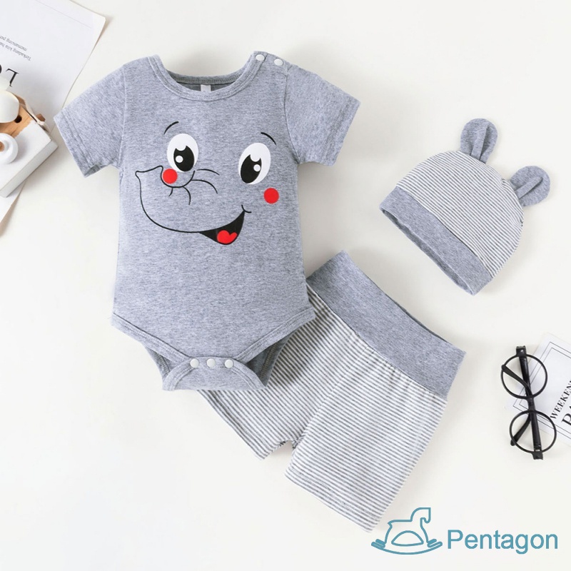 Bộ 3 Món Áo Liền Quần Tay Ngắn + Quần Short + Nón In Hình Voi Dễ Thương Cho Bé Sơ Sinh