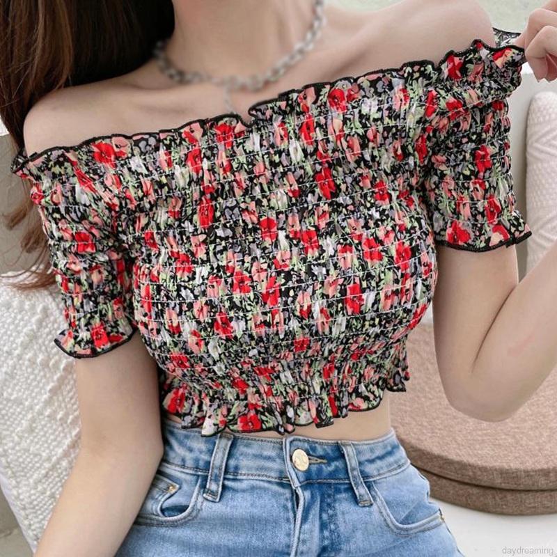 Áo Croptop Chất Chiffon Hoạ Tiết Hoa Thiết Kế Trễ Vai Quyến Rũ