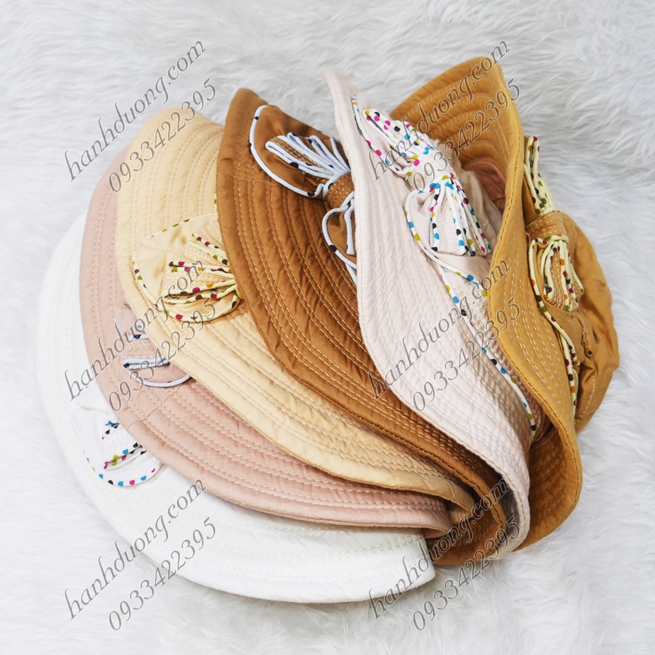 Mũ bo vành rộng 7cm nón tai bèo vành rộng gắn nơ chấm bi, vải cotton cao cấp của AT phù hợp cho nữ