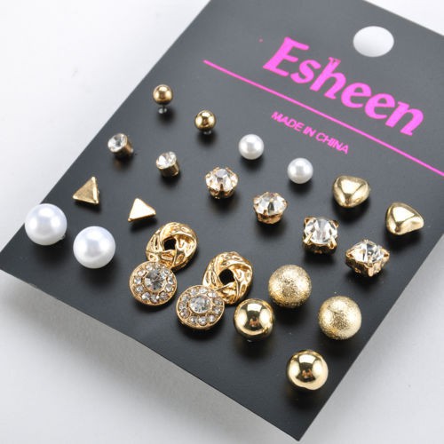 Bộ 9 đôi hoặc 12 đôi bông tai nữ nhiều kiểu dáng độc đáo với ngọc trai, pha lê