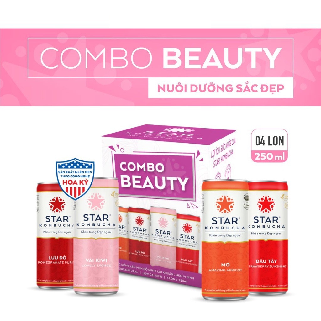 Combo 4 lon trà STAR KOMBUCHA mix vị - Beauty Pack (250ml/lon) - Trà lên men vi sinh chứa probiotics bảo vệ sức khoẻ