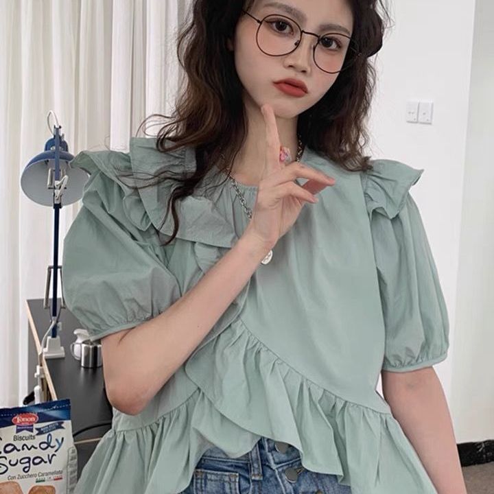 Áo Croptop Tay Ngắn Phối Diềm Xếp Nếp | BigBuy360 - bigbuy360.vn