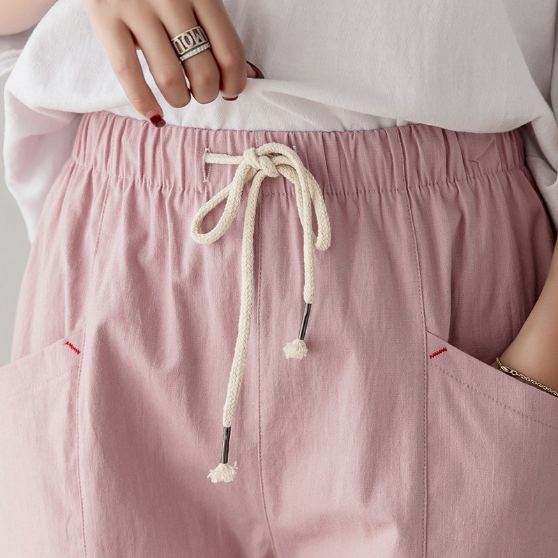 Quần Dài Vải Lanh Cotton Mỏng Lưng Thun Phối Dây Cột Thời Trang Trẻ Trung Cho Nữ