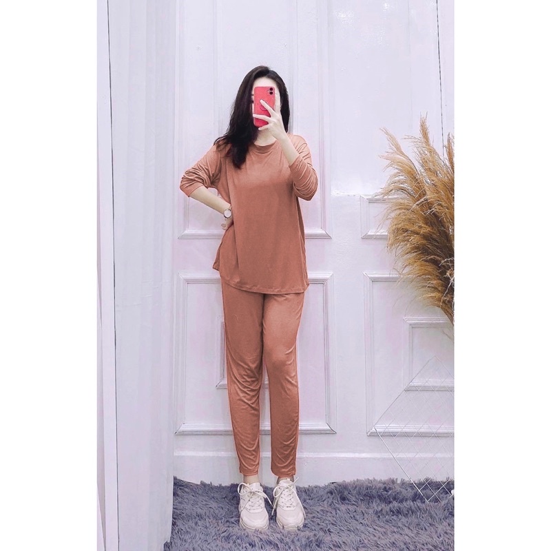 Set bộ nữ thun lạnh ủ kem tay dài form rộng co giãn ❤Khuất Yến Bigsize❤chất thun lạnh mềm mát mặc nhà bầu bí bon chen