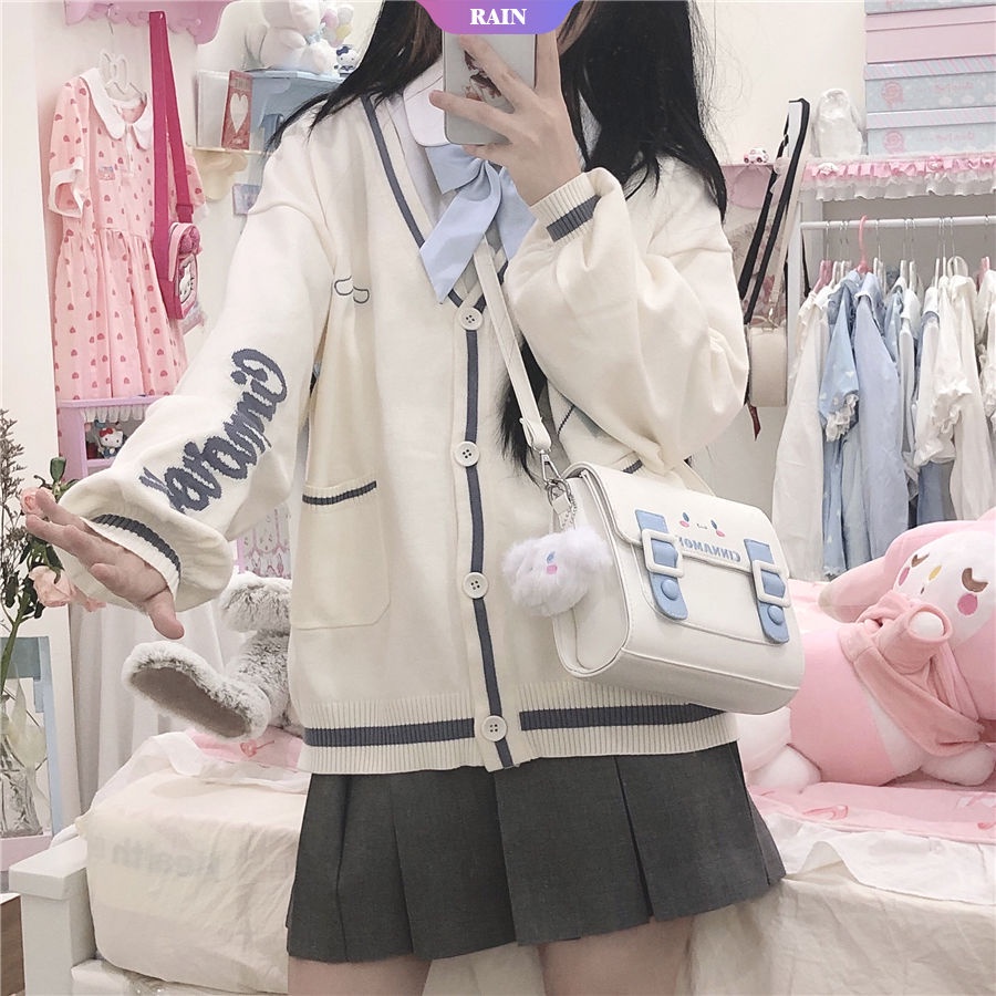 Áo Khoác Cardigan Dệt Kim Dáng Rộng Thêu Hoạt Hình Sanrio My Melody Cinnamoroll Jk Phong Cách Kawaii Jk Cho Nữ [RAIN]