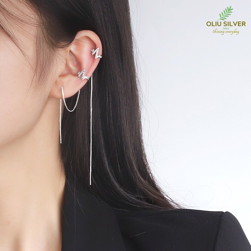 Bông Tai Bạc S925 Ear Cuff Kẹp Vành Nhịp Tim Sợi Thả Trẻ Trung Cá Tính | Khuyên Tai Nữ Trang Sức Bạc Thời Trang