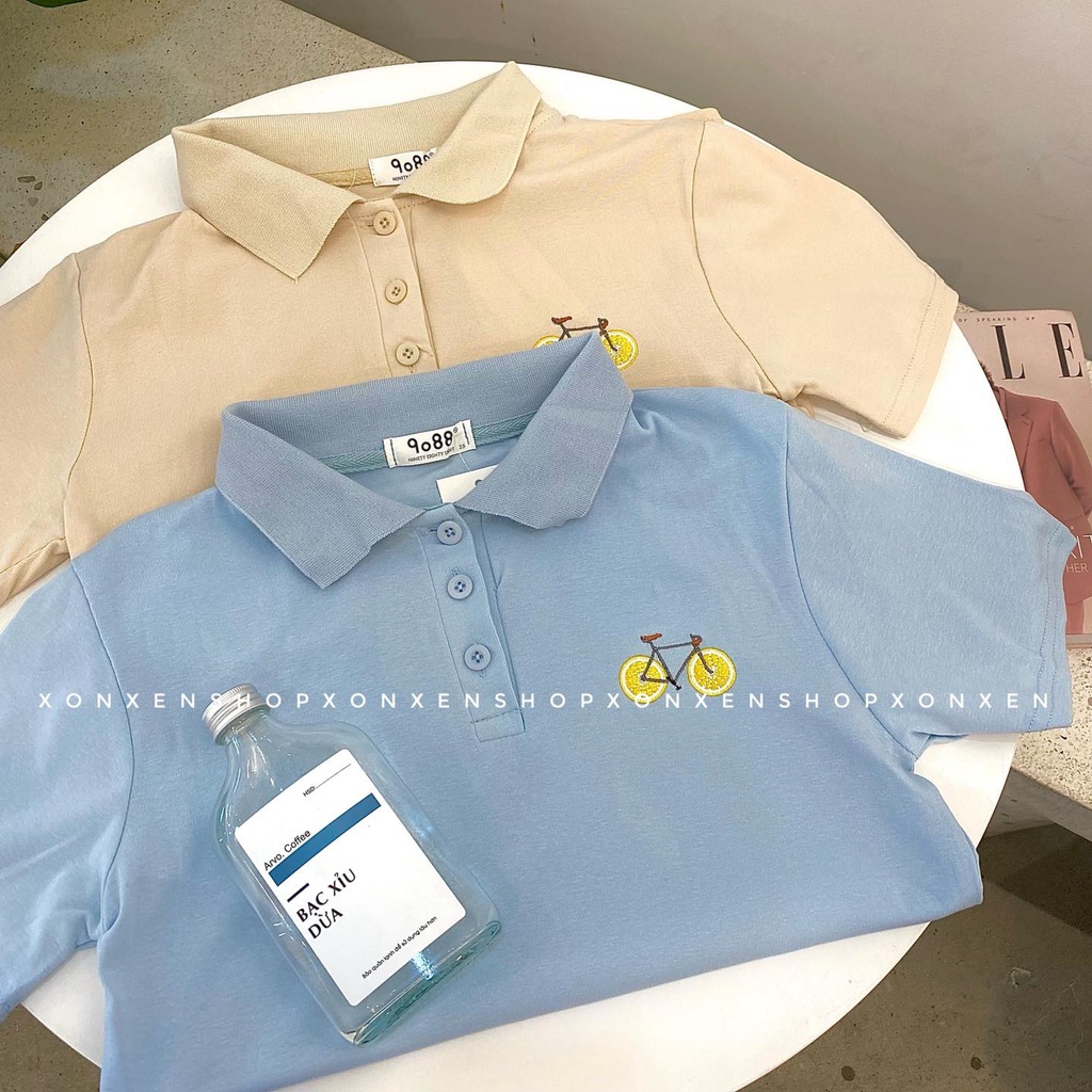 Áo thun polo Áo polo nữ trơn màu thêu họa tiết dễ thương XONXEN SHOP freesize mã 2006