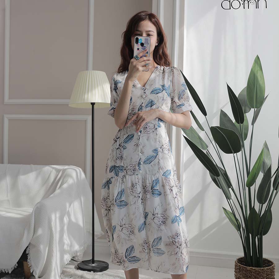 Váy Maxi Hoa Trắng Xanh Tay Bồng, Đầm Tay Ngắn Phối Đuôi Cá Xinh Xắn Mặc Đi Biển Đi Chơi