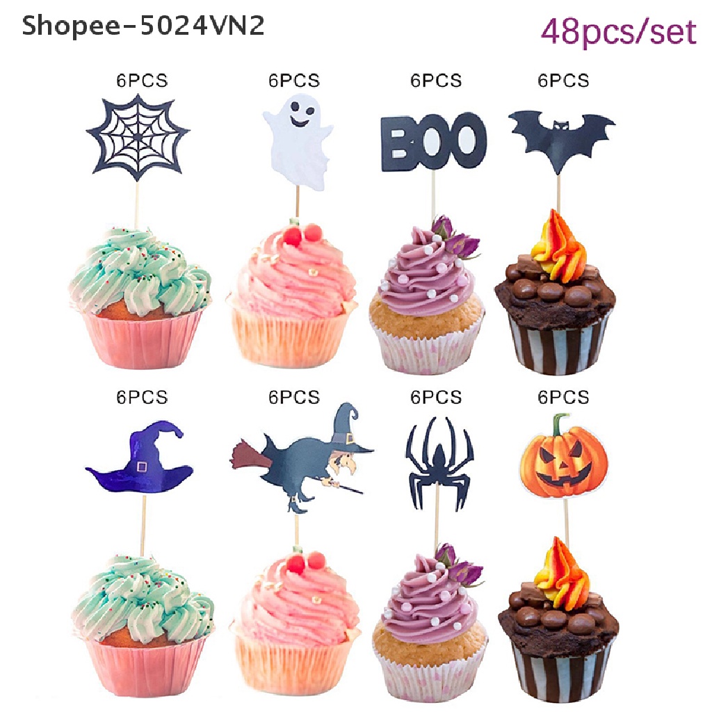 [Mới &amp; Halloween] Set 48 Phụ Kiện Trang Trí Bánh Cupcake Hình Ma Hoạt Hình Cho Tiệc Halloween
