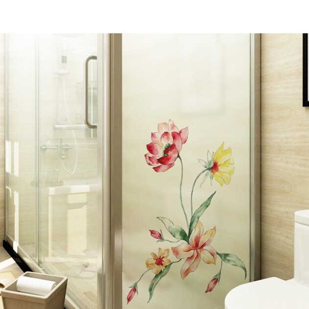 Decal dán kính cao cấp - Hoa Sen và nhiều Hoa săc màu ( 60x116 )