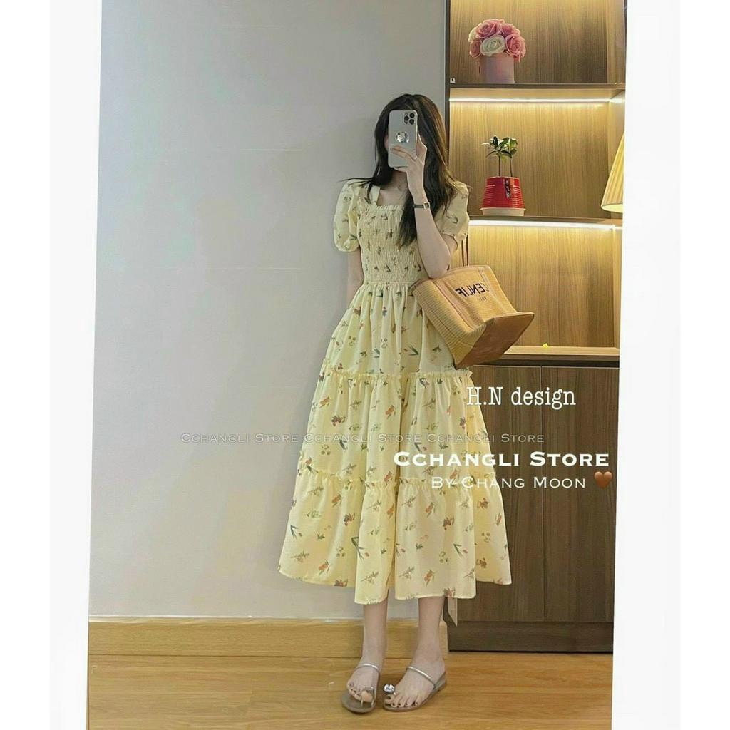 Đầm maxi hoa nhí cổ vuông bo chun sau- đầm babydoll  nữ dáng dài tay bồng đi biển đi chơi kỷ yếu dễ thương sang chảnh