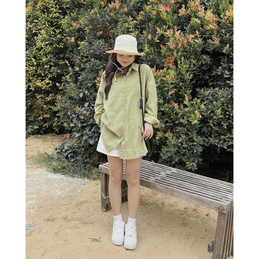 [Ảnh thật/Sẵn] Áo sơ mi nhung tăm trơn dài tay oversize form rộng ulzzang