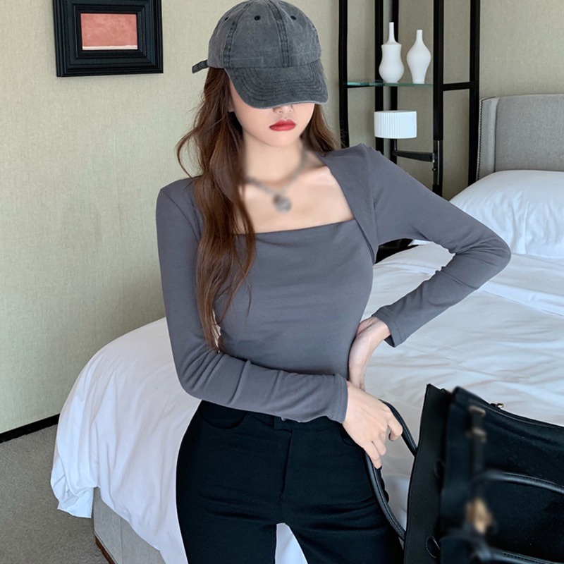 Áo Thun Tay Dài Cổ Vuông Màu Sắc Đơn Giản Phong Cách Hàn Quốc