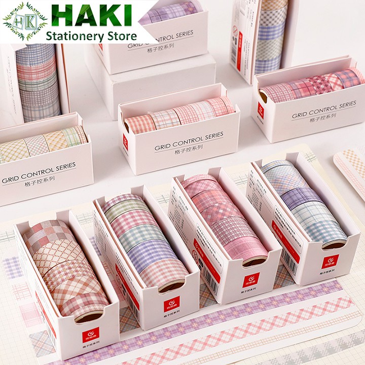 [Mã LIFEXANH03 giảm 10% đơn 500K] Washi tape caro HAKI, băng dính washi tape cute bộ 6 cuộn trang trí sổ giá rẻ BD07