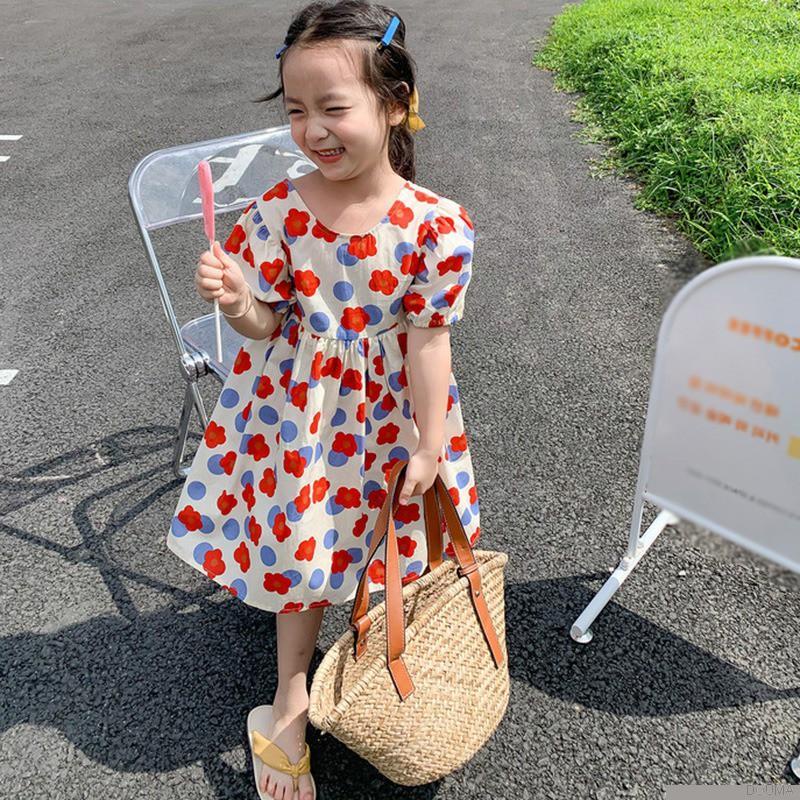 Đầm tay phồng hở lưng họa tiết hoa phong cách retro Hàn Quốc thời trang dễ thương cho bé gái