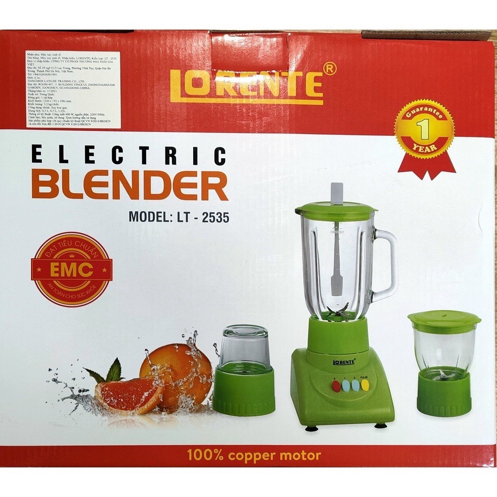 Máy xay sinh tố 3 cối Lorente LT2535, cối thủy tinh, công suất 300W-Bảo hành 12 tháng, màu ngẫu nhiên