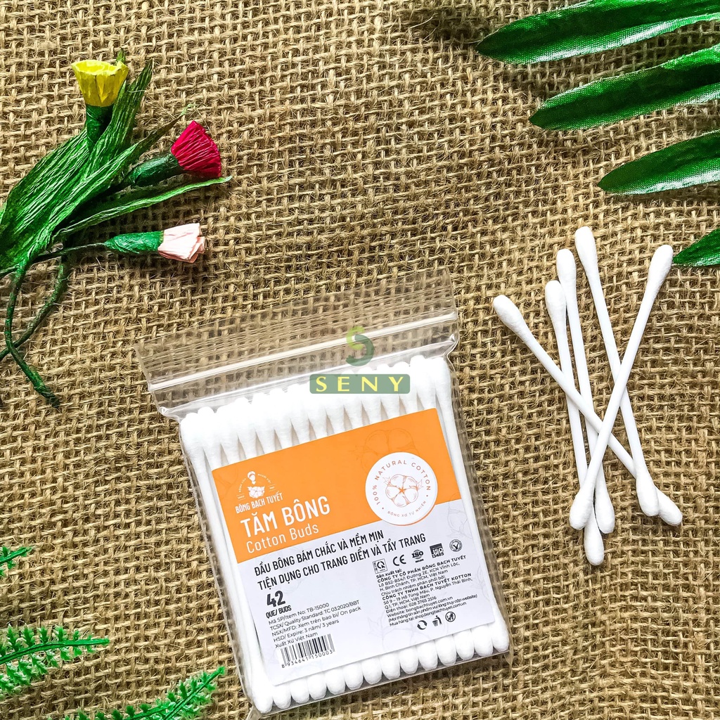 Tăm bông người lớn túi 42 que Bông Bạch Tuyết mềm mịn tiện dụng cho vệ sinh tai và trang điểm