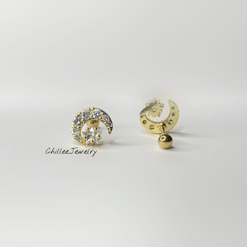 Khuyên tai xỏ titan G23 CHỐNG DỊ ỨNG y tế nữ hình mặt trăng ngôi sao CHILLEE