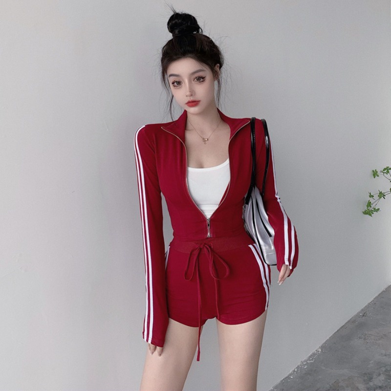 Bộ Áo Khoác Sweater Kẻ Sọc + Quần Short Lưng Cao + Áo Dây Rút Phong Cách Thể Thao Thời Trang Mùa Hè Cho Nữ