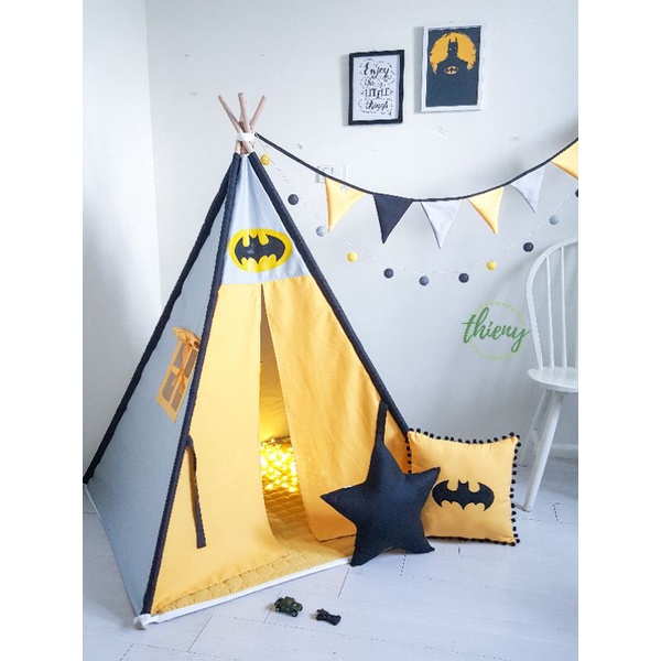 Lều vải cho bé trai Batman vải Linen Khaki 100% cotton | Gỗ tự nhiên an toàn cho trẻ | Batman Teepee Tent | Superhero