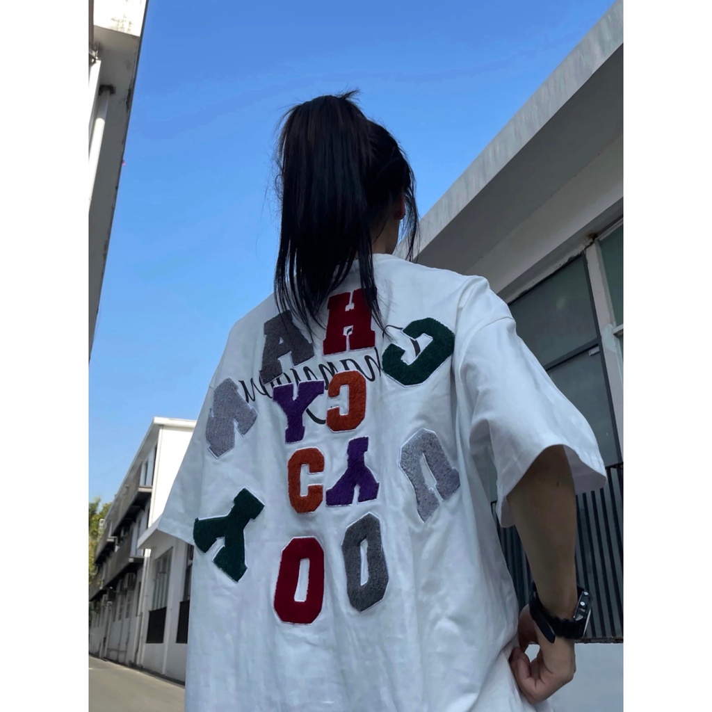 QOEDDV Áo Thun 100% Cotton Tay Ngắn Cổ Tròn Dáng Rộng Thêu Họa Tiết Phong Cách Retro Mỹ Thời Trang Cho Nữ