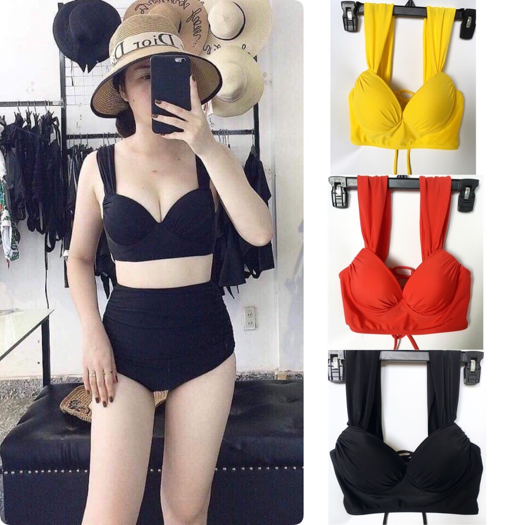 Bikini bộ bơi đồ bơi nữ áo gọng cúp ngực tay vuông quần lưng cao EVA GTV