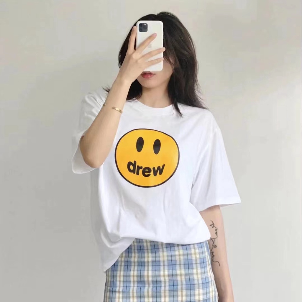Áo thun DREW mặt cười tay lỡ form rộng vải Cotton