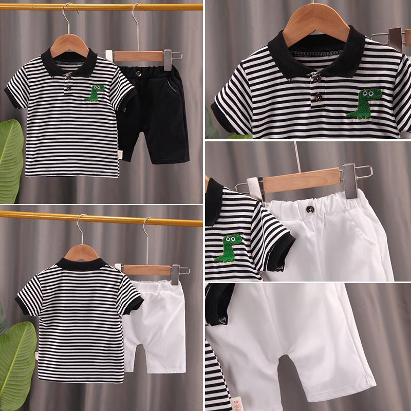 Boy phù hợp với trẻ em POLO áo sơ mi phù hợp với 0-5 năm tuổi trẻ em thời trang sọc áo thun + quần short 2 mảnh bộ