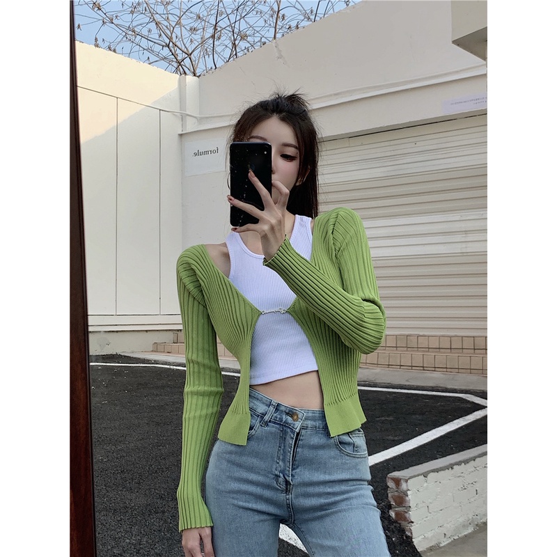 Mới Áo Khoác cardigan Dệt Kim Tay Dài Cổ Chữ V Trễ Vai