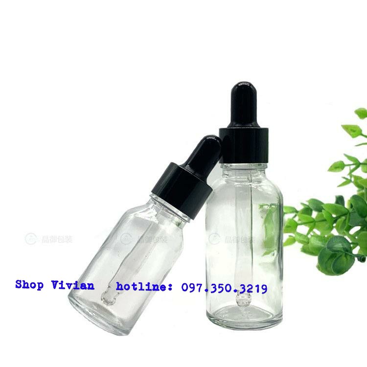 Chai đựng Tinh Dầu, Serum 20ml, Thuỷ Tinh Trong suốt, Nắp Bóp Đen bóng