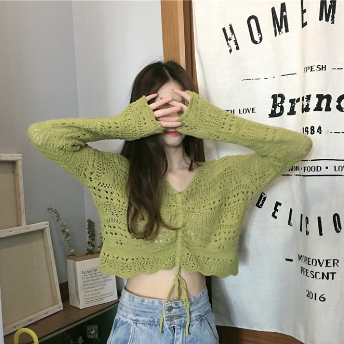 Áo Croptop Dệt Kim Tay Dài Thiết Kế Cổ Chữ V Quyến Rũ