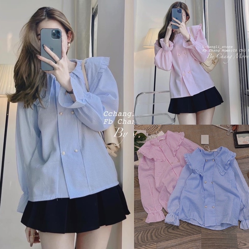 Áo sơ mi kẻ xốp dài tay cổ viền bèo xinh (hàng sẵn)