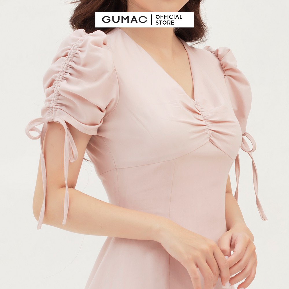 Đầm nữ dáng chữ A nhún ngực và tay GUMAC màu hồng thanh lịch, sang trọng DB322 | BigBuy360 - bigbuy360.vn