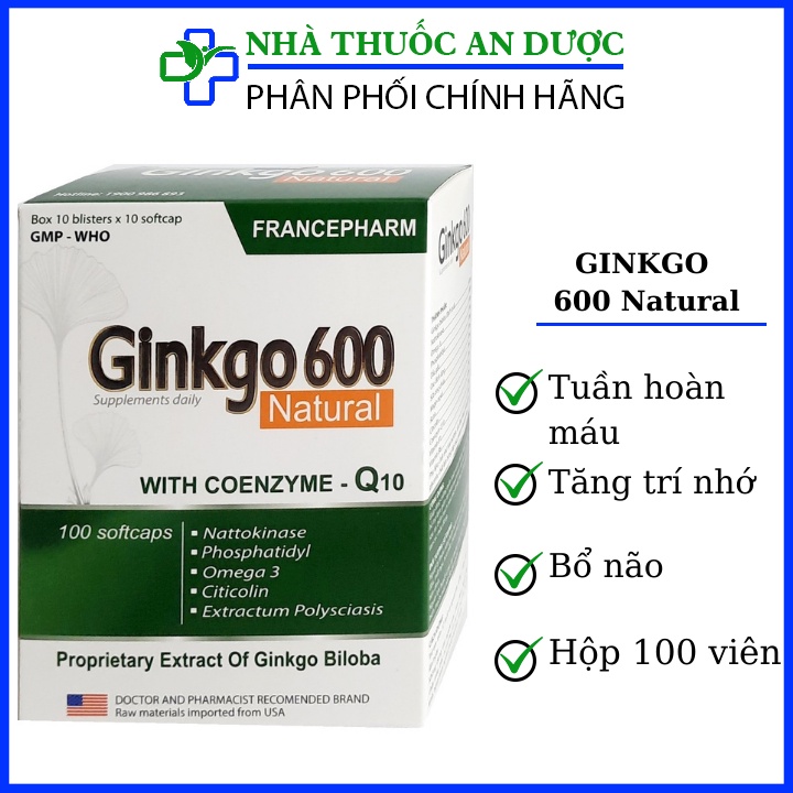 Ginkgo 600Mg Natural tăng cường hoạt huyết dưỡng não - Hộp 100 viên