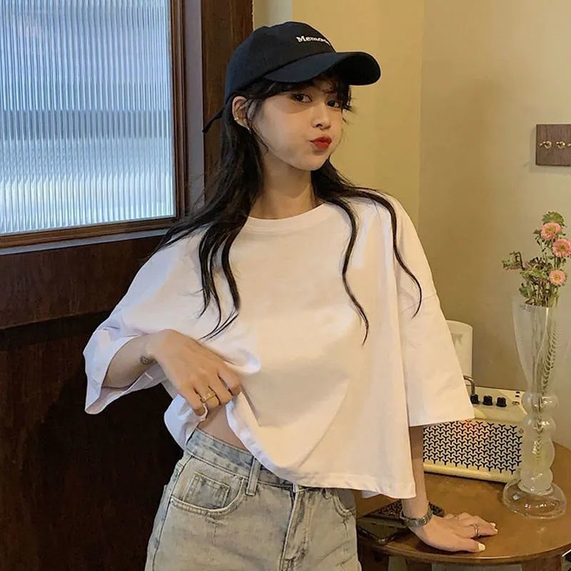 [3color] T-shirt Chic Elegant White Short Short Sleeve T-shirt Women's Ins Korean Style Printed Fashionable round Neck Pullover Top Clothes [S-2XL]]