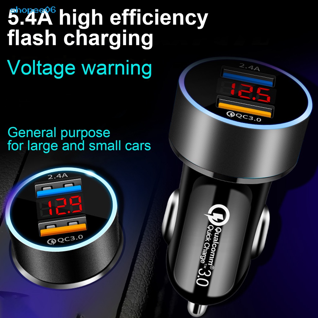 Tẩu sạc xe hơi hai cổng USB 5VQC3.0+2.4A màn hình kỹ thuật số bền bỉ thông dụng