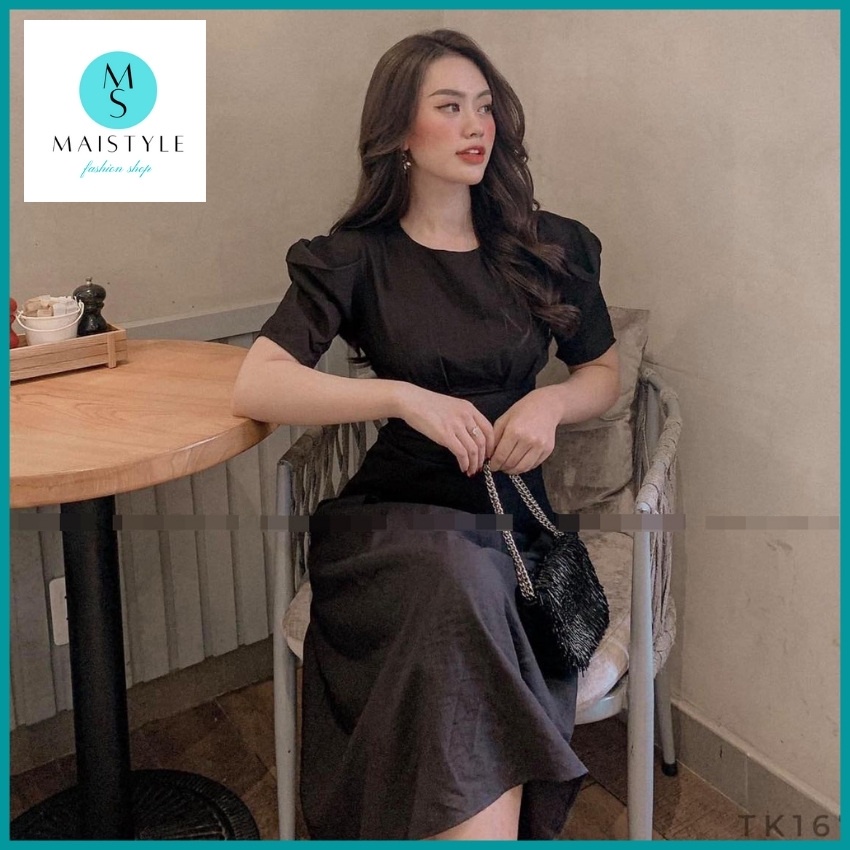 Váy trắng đen MAISTYLE đầm nữ công sở dự tiệc dáng dài qua gối xinh thiết kế đẹp tay phồng cao cấp xòe midi vải linen | BigBuy360 - bigbuy360.vn