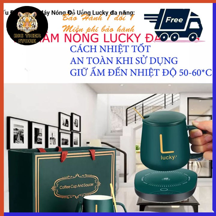 Bộ Cốc Ly Sứ Hâm Nóng Lucky Thông Minh Cao Cấp, Kèm Đế Điện Hâm Cafe, Sữa, Trà Tặng Kèm Thìa Mạ Vàng Tiện Lợi